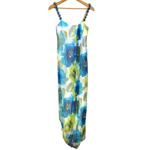 Badgley Mischka Blue + Green Floral Silk Dress Gown Size 0